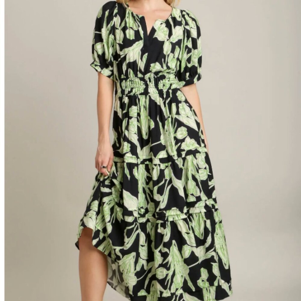 243.Print Split Neck Midi Dress, Pin-Tuck Tiered, Smocked Waistband,Puff Sleeves